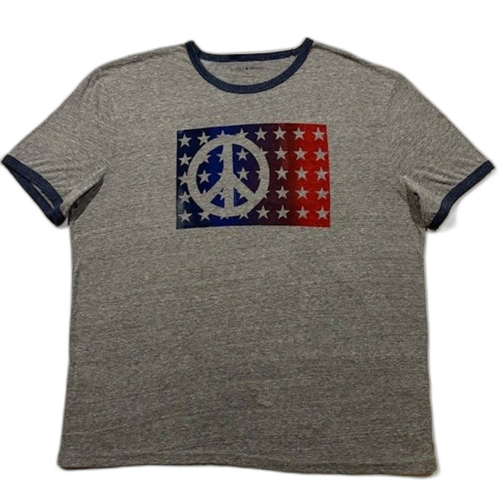 Lucky Brand Mens XL Gray Ringer T-Shirt Peace Sign USA Flag Graphic Short Sleeve